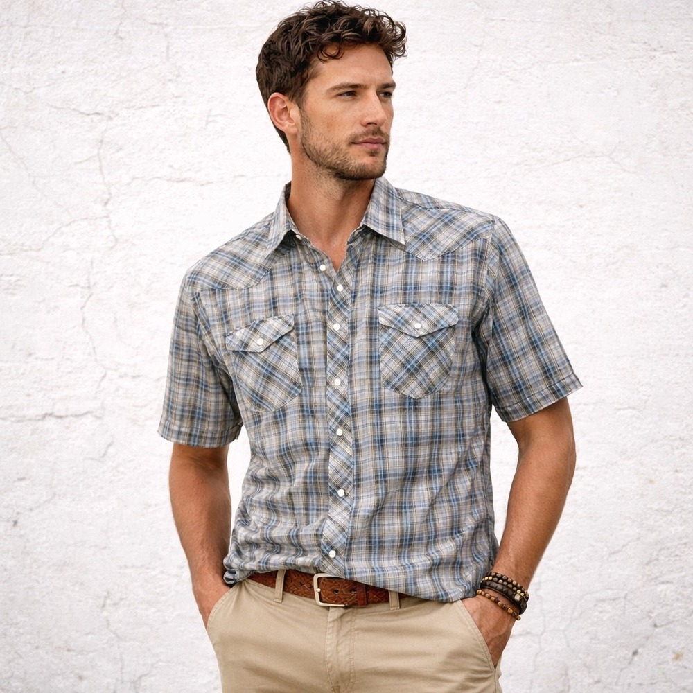 Wrangler Plaid Western Pearl Snap Shirt Short Sleeve Men's XL Gray Blue Cream‎
